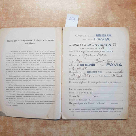 LIBRETTO DI LAVORO fascismo MINISTERO CORPORAZIONI maria della versa PAVIA