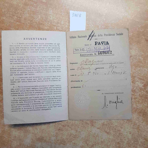 LIBRETTO PERSONALE ASSICURAZIONI OBBLIGATORIE istituto fascista previdenza 1939