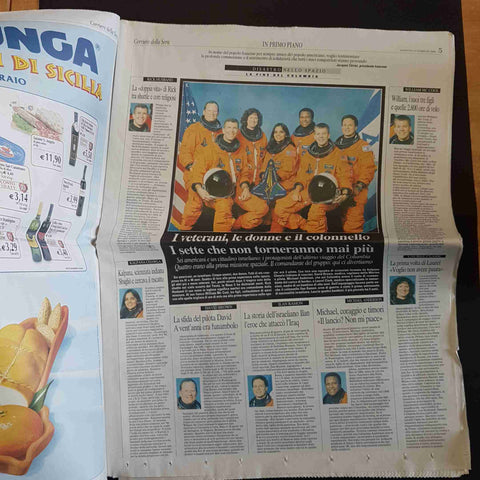 CORRIERE DELLA SERA 2 FEBBRAIO 2003 LO SHUTTLE SI DISINTEGRA bush nasa columbia