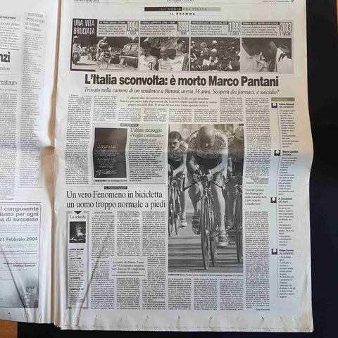 CORRIERE DELLA SERA 15 FEBBRAIO 2004 E' MORTO MARCO PANTANI il pirata ciclismo