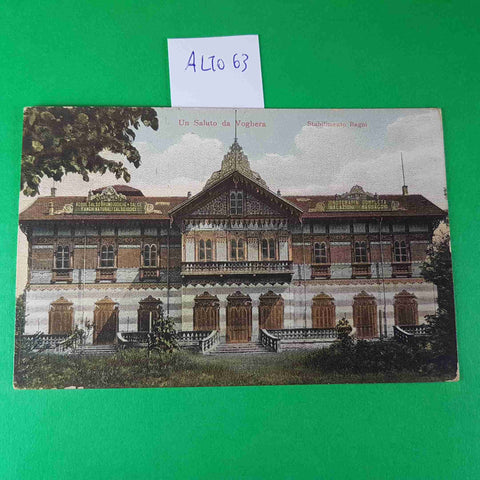 CARTOLINA UN SALUTO DA VOGHERA pavia STABILIMENTO BAGNI 1907 VIAGGIATA SCRITTA