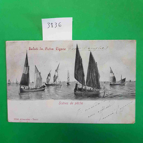 CARTOLINA SALUTI DA PIETRA LIGURE SCENES DE PECHE barche a vela