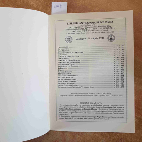 LIBRERIA ANTIQUARIA PREGLIASCO CATALOGO 71 manoscritti incunaboli aldine 1996