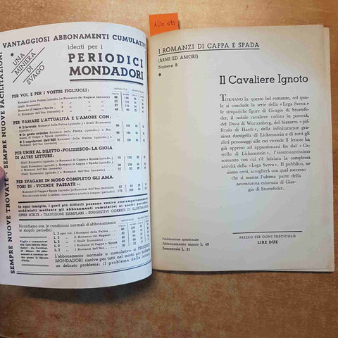 IL CAVALIERE IGNOTO di GUGLIELMO HAUFF i romanzi di cappa e spada MONDADORI 1934
