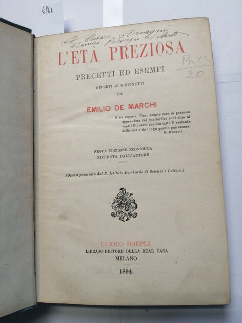 DE MARCHI L'et preziosa precetti ed esempi offerti ai giovini 1894 Hoepli