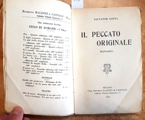 SALVATOR GOTTA - IL PECCATO ORIGINALE - BALDINI & CASTOLDI - 1929 romanzo