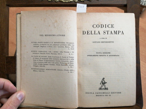 CODICE DELLA STAMPA - GIULIO BENEDETTI - ZANICHELLI - 1933 - FASCISMO - (52