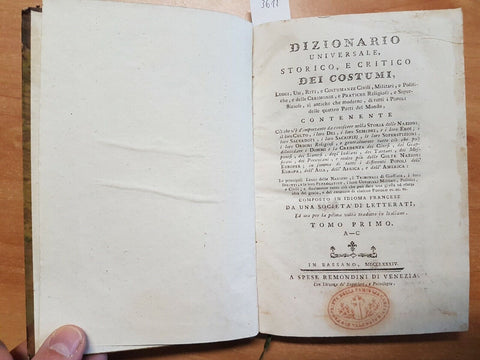 Dizionario Universale Storico e Critico dei Costumi Tomo Primo 1784 A - C (