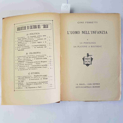 GINO FERRETTI L'UOMO NELL'INFANZIA la pedologia da Platone a Rousseau 1922