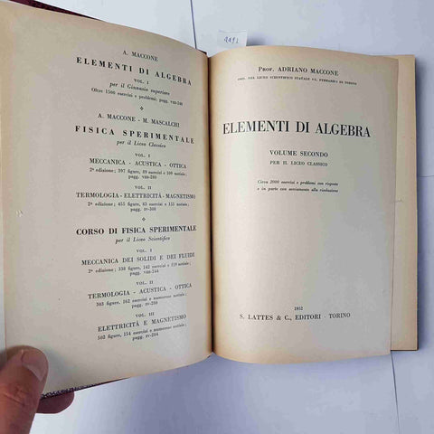 ELEMENTI DI ALGEBRA vol. 2 PER LICEO CLASSICO Adriano Maccone 1952 LATTES