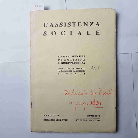 L'ASSISTENZA SOCIALE rivista mensile di Dottrina e Giurisprudenza n° 12 - 1939