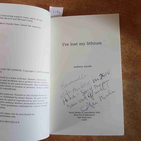I'VE LOST MY LITHIUM - AUTOGRAFATO - AUBREY NICOLE - AVANT BOOKS - 2009