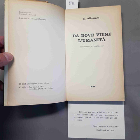 DA DOVE VIENE L'UMANITA' Albessard 1974 MEB paleolitico