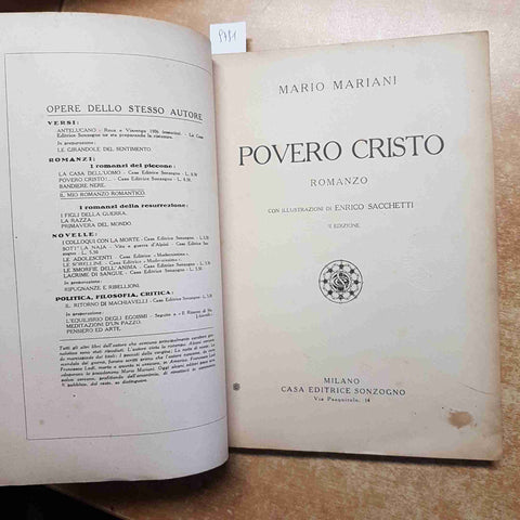 MARIO MARIANI - POVERO CRISTO romanzo 2° edizione SONZOGNO 1920 illustrato