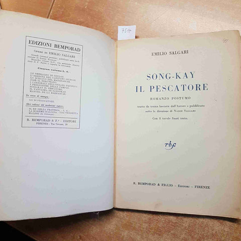 EMILIO SALGARI romanzo SONG-KAY IL PESCATORE 1931 BEMPORAD FIRENZE illustrato