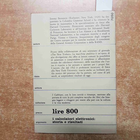 LA MACCHINA ANALITICA i calcolatori elettronici JEREMY BERNSTEIN 1967 SAGGIATORE