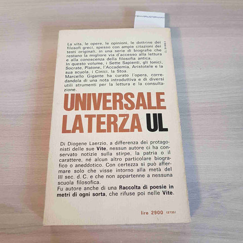 VITE DEI FILOSOFI VOL. I - DIOGENE LAERZIO - LATERZA - 1976