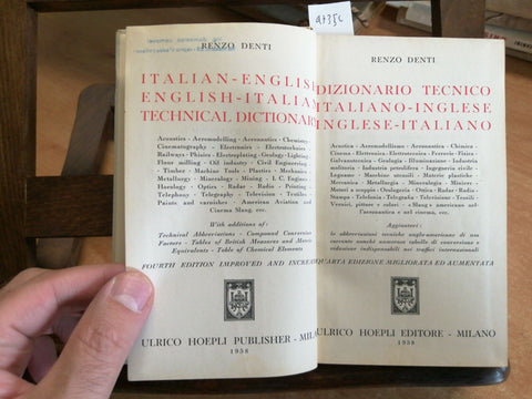 DIZIONARIO TECNICO ITALIANO INGLESE - RENZO DENTI - 1958 - HOEPLI - (4735C