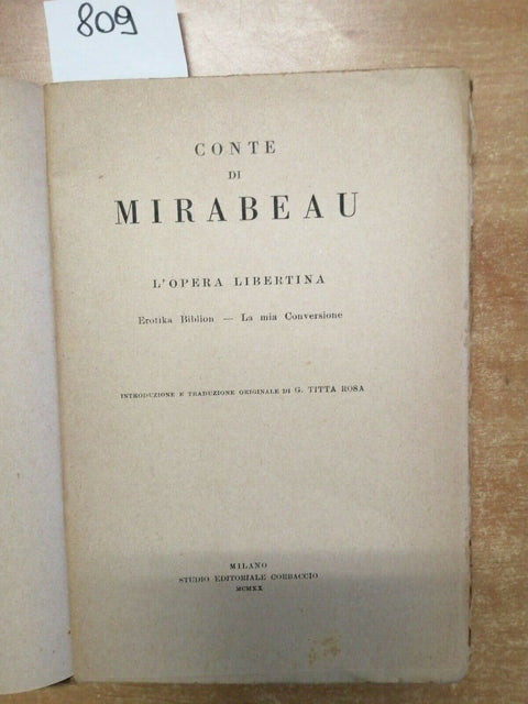 L'OPERA LIBERTINA - CONTE DI MIRABEAU - EROTIKA BIBLION 1920 CORBACCIO (80