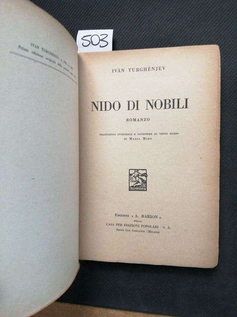 IVAN TURGHENIEV - NIDO DI NOBILI - 1935 - BARION - romanzo - (503)