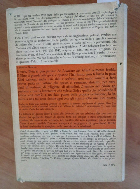 L'ULTIMO DEI GIUSTI - SCHWARZ BART 1960 FELTRINELLI 1 ED. (1176) EBR