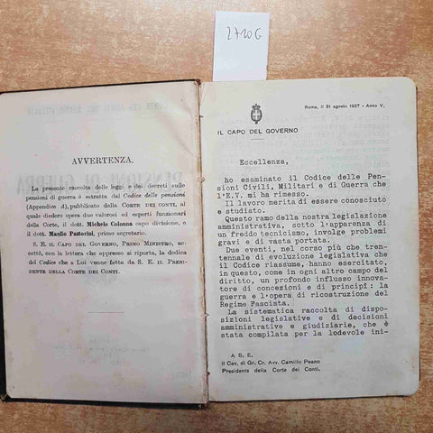 PENSIONI DI GUERRA 1928 corte dei conti del regno d'Italia RACCOLTA DI LEGGI