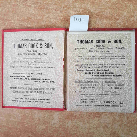 RAILWAY POST CART & STEAMER'S ROUTE MAP OF SOUTH AFRICA THOMAS COOK SON'S