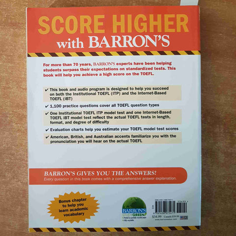 PRACTICE EXERCISES FOR THE TOEFL 8th edition BARRION'S book + audio mp3 cd