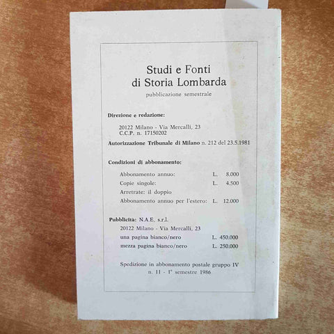 QUADERNI MILANESI STUDI E FONTI DI STORIA LOMBARDA 1986 stregoneria peste