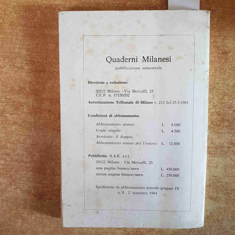 QUADERNI MILANESI STUDI E FONTI DI STORIA LOMBARDA 1984 MONZA LOMBARDIA BORROMAI