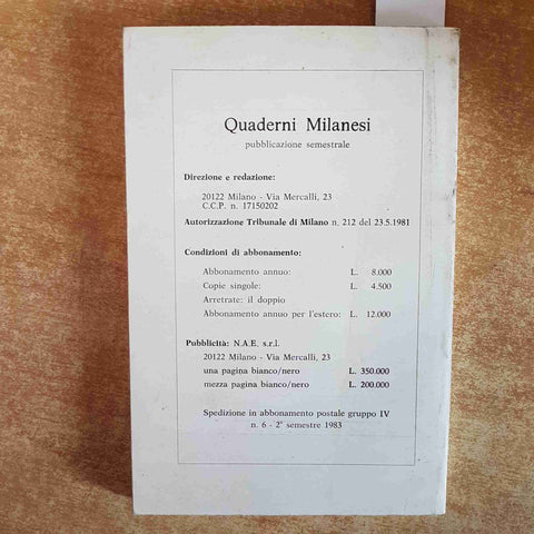 QUADERNI MILANESI STUDI E FONTI DI STORIA LOMBARDA 1983 comasco milano monza