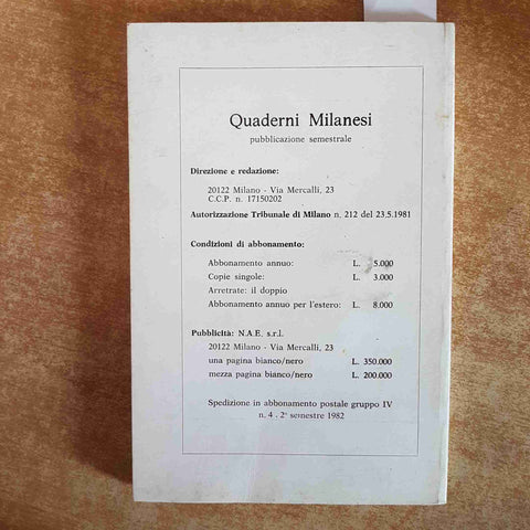 QUADERNI MILANESI STUDI E FONTI DI STORIA LOMBARDA 1982 civilta' contadina