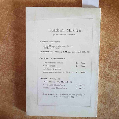 QUADERNI MILANESI STUDI E FONTI DI STORIA LOMBARDA 1982 stampa clero socialismo