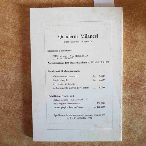 QUADERNI MILANESI STUDI E FONTI DI STORIA LOMBARDA 1981 milano laica partito pop