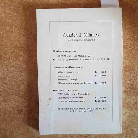 QUADERNI MILANESI STUDI E FONTI DI STORIA LOMBARDA 1981 cardinal Ferrari SPAGNOL