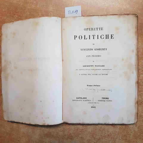 VINCENZO GIOBERTI OPERETTE POLITICHE CON PROEMIO GIUSEPPE MASSARI 1851 CAPOLAGO