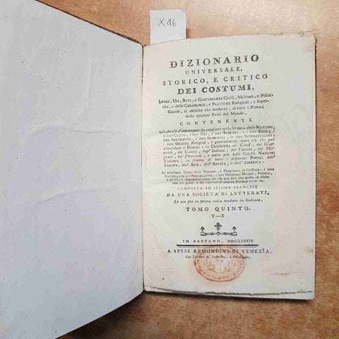 1784 DIZIONARIO UNIVERSALE STORICO E CRITICO DEI COSTUMI LEGGI USI RITI tomo 5