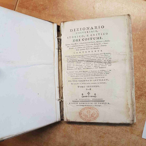 1784 DIZIONARIO UNIVERSALE STORICO E CRITICO DEI COSTUMI 5 tomi REMONDINI