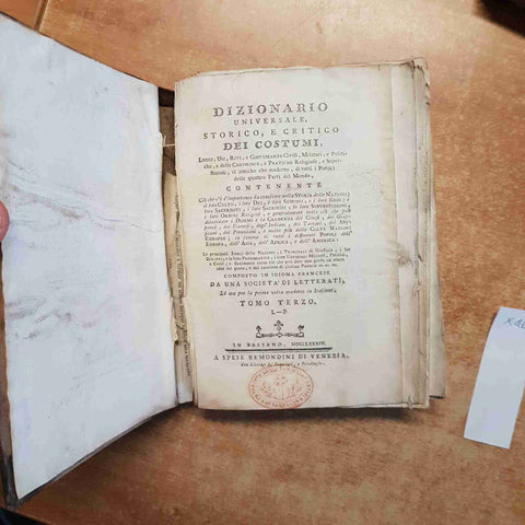 1784 DIZIONARIO UNIVERSALE STORICO E CRITICO DEI COSTUMI 5 tomi REMONDINI