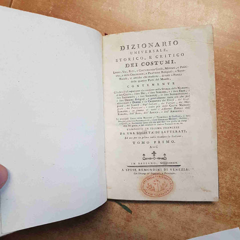 1784 DIZIONARIO UNIVERSALE STORICO E CRITICO DEI COSTUMI 5 tomi REMONDINI