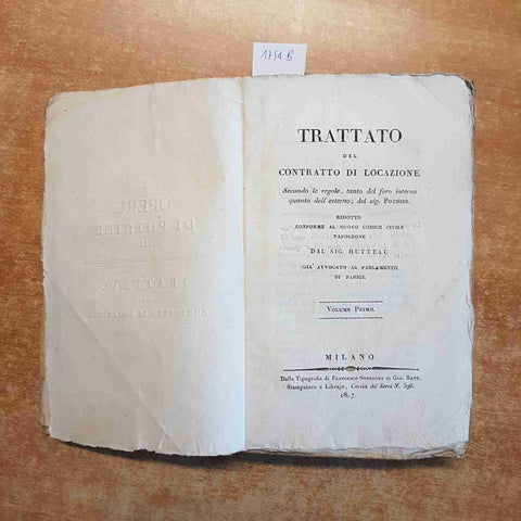OPERE DI POTHIER TRATTATO DEI CONTRATTI DI LOCAZIONE volume primo 1817 SONZOGNO