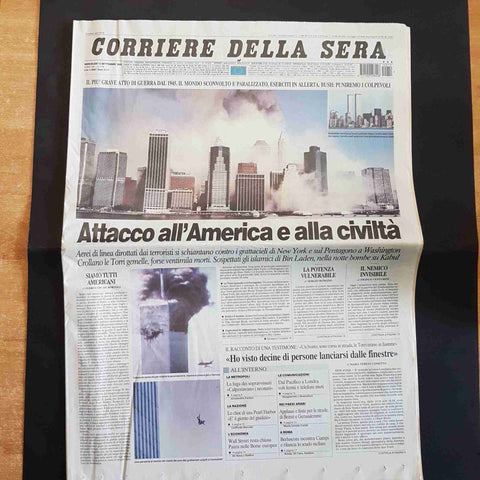 CORRIERE DELLA SERA 12 SETTEMBRE 2001 ATTACCO ALL'AMERICA CROLLO TORRI GEMELLE