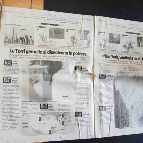 CORRIERE DELLA SERA 12 SETTEMBRE 2001 ATTACCO ALL'AMERICA CROLLO TORRI GEMELLE