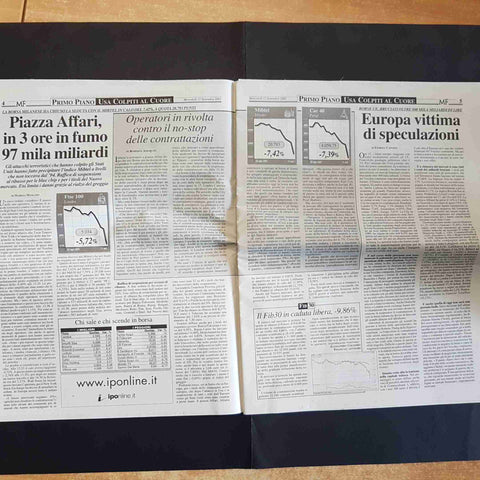 MF MILANO FINANZA 12 SETTEMBRE 2001 MASSACRO A WALL STREET crollo torri gemelle