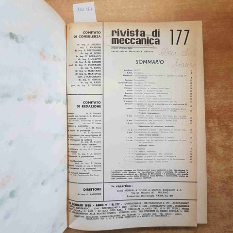 RIVISTA DI MECCANICA 6 NUMERI GENNAIO-GIUGNO 1958 RILEGATI COPERTINA RIGIDA