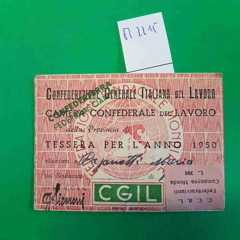 TESSERA SINDACATO CGIL 1950 con bollini CONFEDERAZIONE GENERALE ITAL. DEL LAVORO