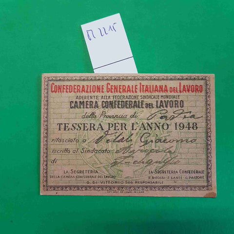 TESSERA SINDACATO CGIL 1948 sindacale CONFEDERAZIONE GENERALE ITALIAN DEL LAVORO