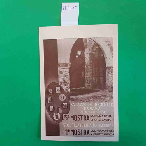 CARTOLINA PALAZZO DEL BROLETTO NOVARA 1954 MOSTRA ARTE SACRA FRANCOBOLLO RELIGIO