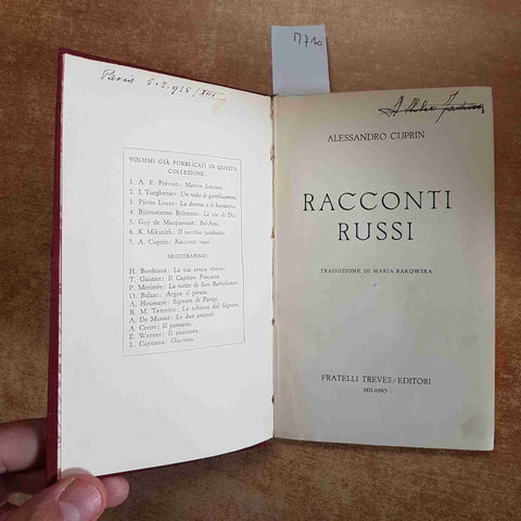 RACCONTI RUSSI DI ALESSANDRO CUPRIN 1931 FRATELLI TREVES