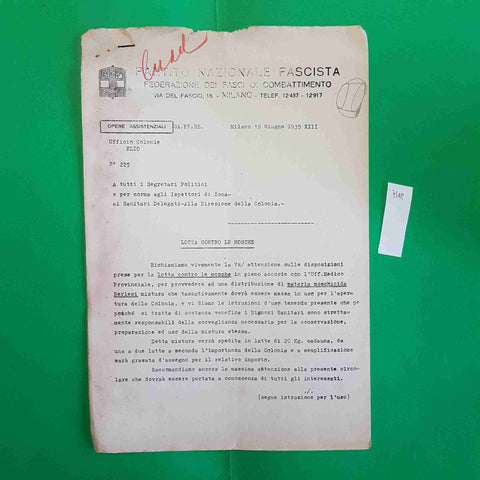 PARTITO NAZIONALE FASCISTA FASCI DI COMBATTIMENTO 1935 LOTTA CONTRO LE MOSCHE